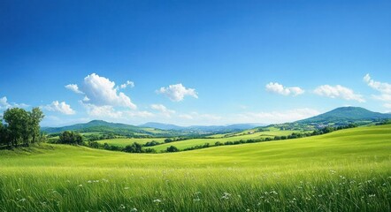 Fototapeta premium Vast green grassy fields under a bright blue sky with scattered white clouds and rolling hills in the distance, evoking calm and serenity