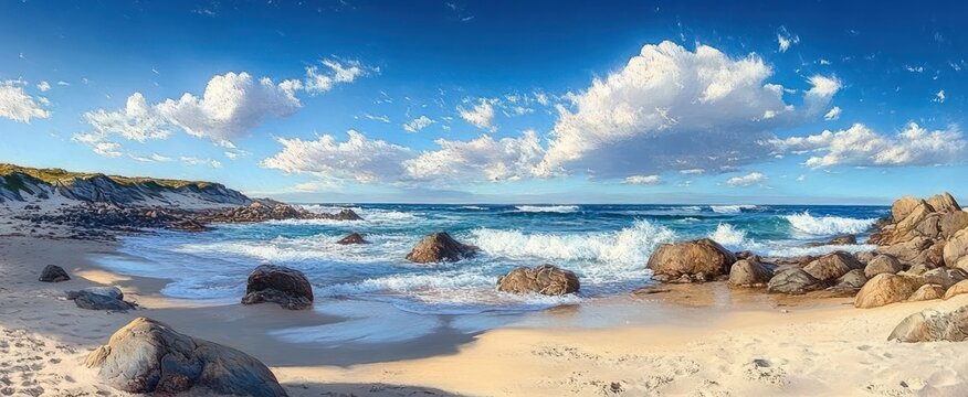 Sunny coastal beach with large rocks scattered on sandy shore and vibrant waves crashing under a blue sky with fluffy white clouds