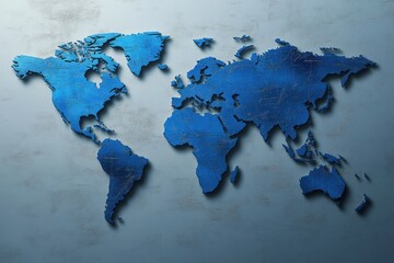 three dimensional blue textured world map mounted on a light textured wall showing continents and major islands