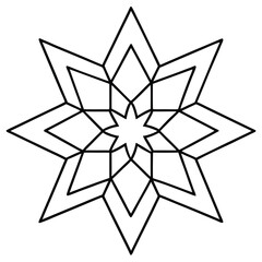 Intricate black and white geometric star design with multiple layers and sharp points, creating a symmetrical pattern.