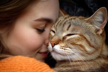 Close-up of a young woman gently pressing her face against a contented tabby cat with closed eyes, conveying warmth and affection