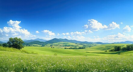 Expansive green meadow with wildflowers under a bright blue sky with scattered fluffy clouds and distant rolling hills