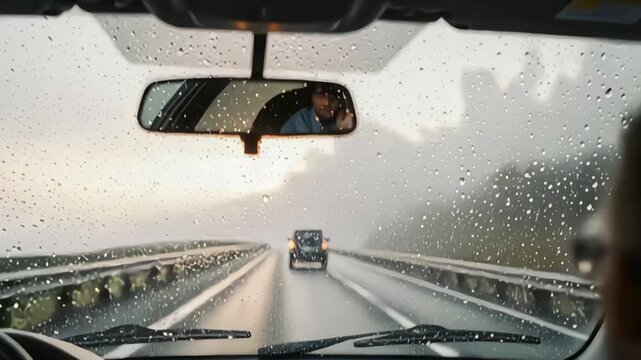 Driving in heavy rain on the highway with reduced visibility and rear view reflection