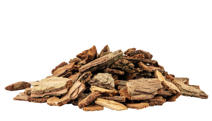 Pile of natural wood chips with rough texture and organic brown material isolated on white background
