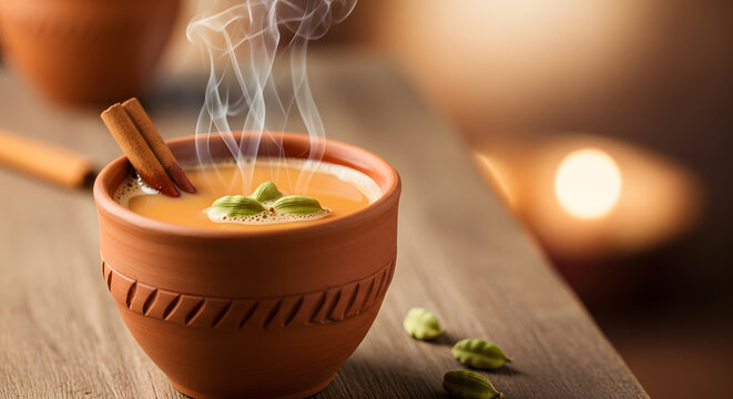 steaming indian chai tea kulhad cinnamon cardamom - Powered by Adobe