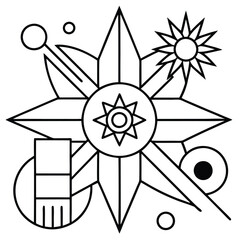 Intricate black and white geometric star design with various shapes and elements.