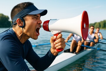 Rowing team coach shouting through megaphone during intense practice on water, leading athletes in teamwork and coordination on sunny day. Ai generative