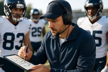 American football coach drawing strategy on digital tablet during team discussion on field with players in uniform under natural daylight outdoors. Ai generative
