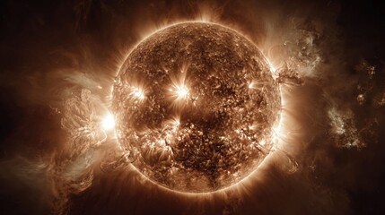 A dramatic space shot of the Sun entering solar maximum, with multiple flare eruptions and magnetic loops bursting outward from its surface