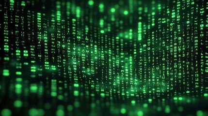Glowing green digital binary code cascading down in vertical lines creating a futuristic and immersive matrix effect