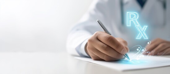 Prescription Writing Faceless Physician at Desk Filling Out Prescription Pad with Glowing RX Icon Projected from Pen Tip, Soft White Background with Copy Space

