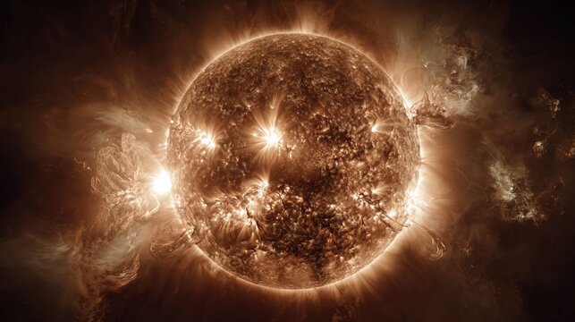 A dramatic space shot of the Sun entering solar maximum, with multiple flare eruptions and magnetic loops bursting outward from its surface - Powered by Adobe