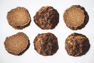 Close-up view of whole and sliced brown truffles showing detailed textured outer surface and marbled interior against a light background