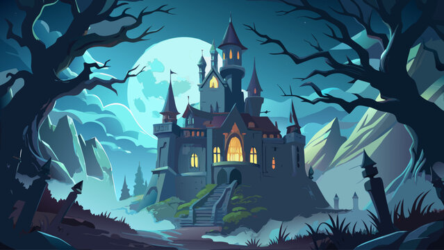 Spooky old gothic castle stands tall under moonlight, foggy night surrounds ancient walls. Haunted mansion with dark towers, glowing windows, eerie shadows, high detail, semi-realistic vector style, a