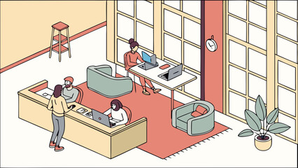 Isometric office coworking space design with people working on laptops and meeting at reception area setup