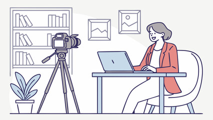 Woman video conferencing online meeting using laptop camera and tripod at home office setup for work