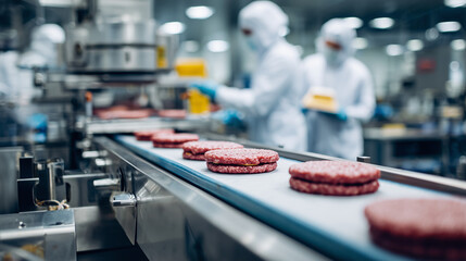 Burger Patties on Food Processing Line

