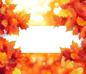 Bright autumn background with red and orange maple leaves framing a glowing bokeh light scene and a white central blank space for text