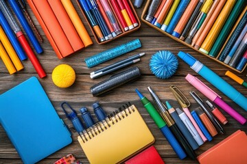 Various colorful stationery items arranged neatly on a wooden surface including markers, pencils, pens, notebooks, rulers, clips, and two fuzzy pom-poms, evoking creativity and organization