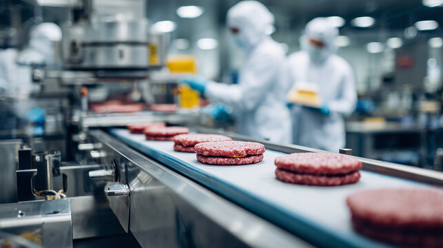 Burger Patties on Food Processing Line

