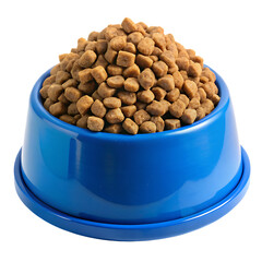 Blue pet food bowl filled with kibble isolated on white background PNG.AI Generated.
