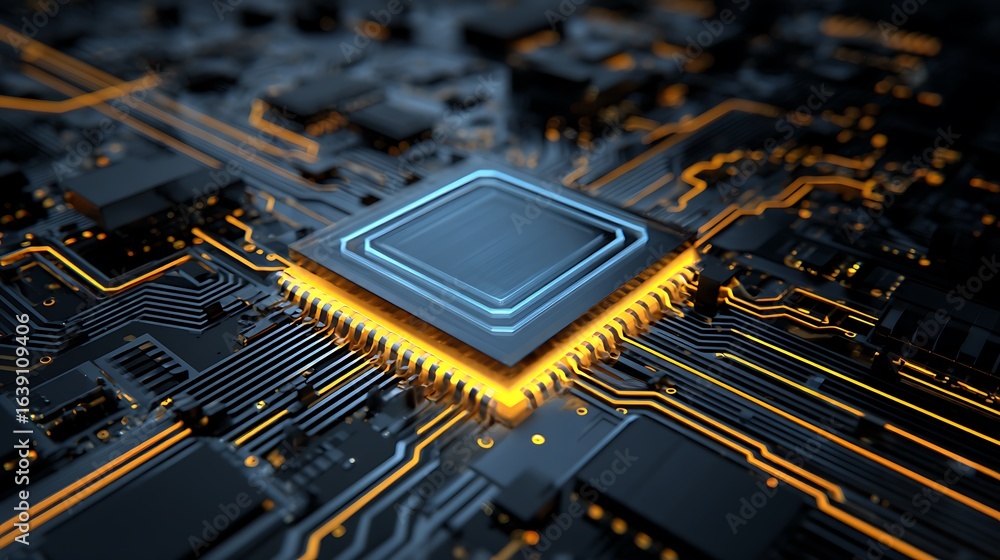 Poster close-up of computer chip and circuit board glows with light