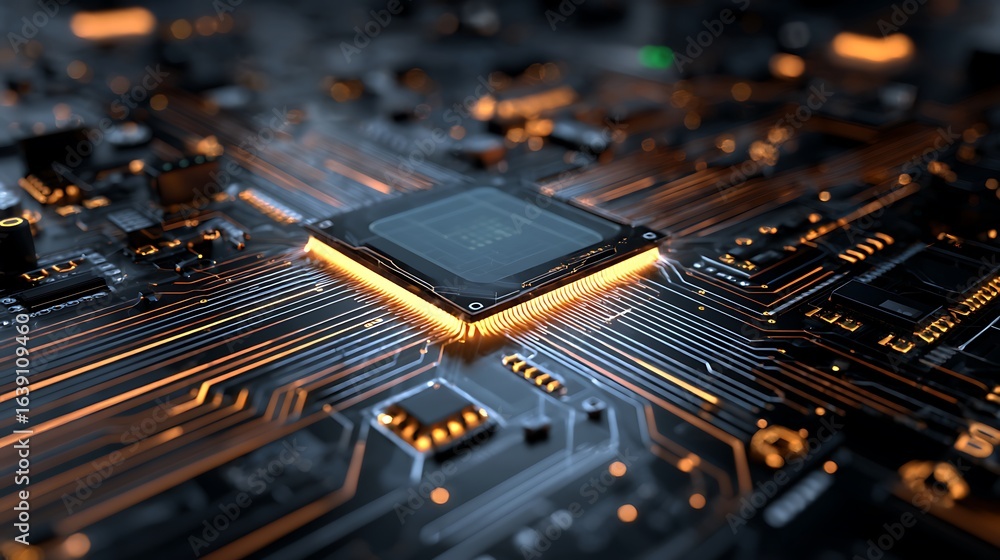 Poster electronic circuit board with central processing unit closeup