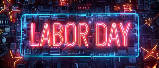 Labor day glowing neon sign with a futuristic digital background, commemorating American workers and the spirit of industry.