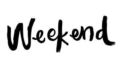 A handwritten word weekend in black ink on a white background with a brush stroke style font design