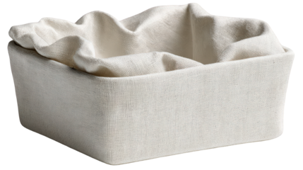 Rectangular off-white fabric storage basket with a soft ruffled linen liner.