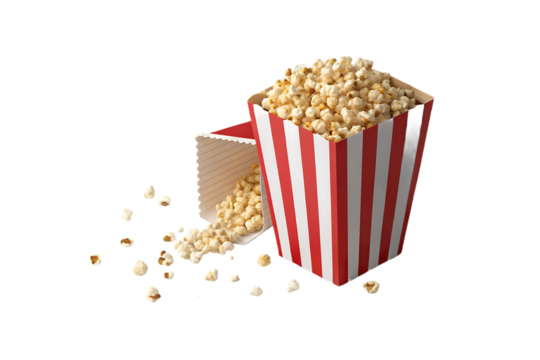 Classic red and white striped popcorn bucket overflowing with kernels and scattered pieces around the base, isolated on a transparent background