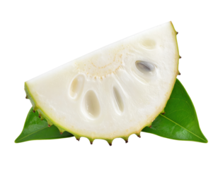 A fresh wedge of soursop fruit showing its creamy white pulp a single black seed and spiky green skin resting on two leaves.