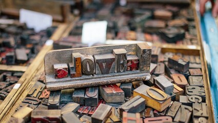 A close up of wooden letter blocks spelling love with other blocks in a wooden tray in soft focus light