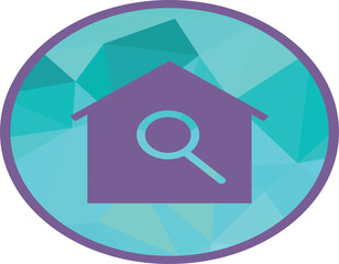 Minimal real estate search icon in a geometric circle, featuring a house and magnifying glass, perfect for property listing apps, housing services, rental platforms, and modern realty branding