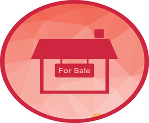 House for sale icon in a red circle with modern geometric background, perfect for real estate listings, property ads, home rental platforms, agency branding, and marketing materials