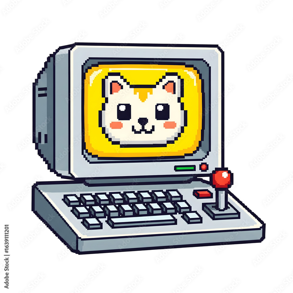 Poster retro computer displaying cute cat pixel art against transparent background