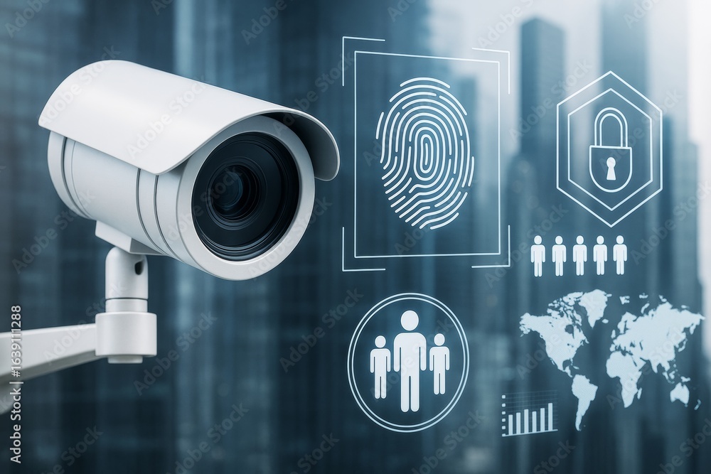 Poster surveillance camera with biometric fingerprint and digital security icons on high-tech city backgrou