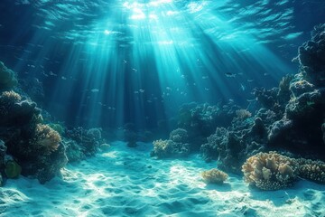 Fototapeta premium Underwater ocean scene with sunlight rays penetrating clear blue water and illuminating sandy seabed surrounded by coral reefs and scattered fish