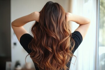 Fototapeta premium Woman with long, wavy brown hair touching her head with both hands, standing indoors near a window with soft natural light