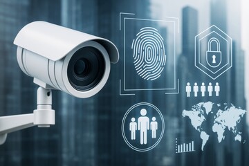 Surveillance camera with biometric fingerprint and digital security icons on high-tech city background illustrating modern monitoring concept.
