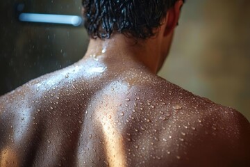 Close-up of a man's wet back and shoulders under running water with droplets glistening on his skin, evoking a sense of refreshment and relaxation