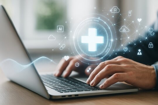 Hands typing on laptop with glowing medical and AI icons representing futuristic digital healthcare technology interface on blurred background.