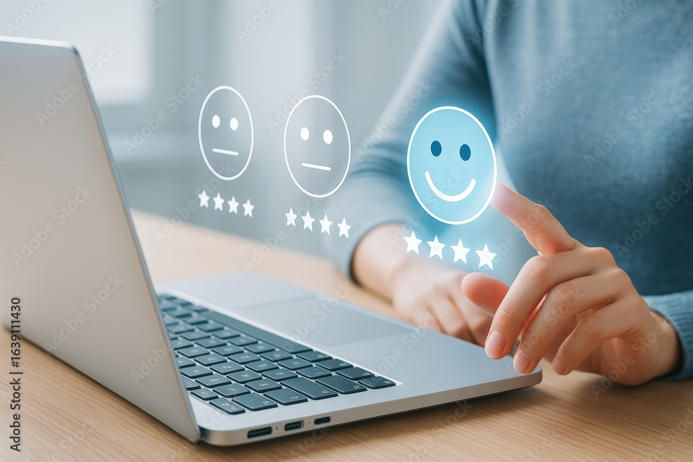 Poster customer satisfaction rating system with glowing smiley face and five-star feedback on digital inter