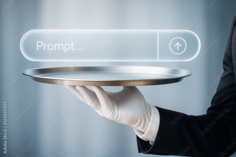Poster futuristic digital prompt bar floating above a silver tray held by a gloved hand in suit on light te