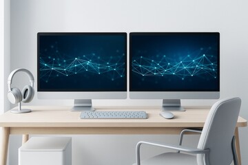 Naklejka premium Dual monitors on wooden desk with abstract blue technology background in modern office interior setup with headphones and keyboard in view.