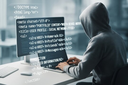 Hacker in hoodie coding HTML on laptop in dark tech room with glowing digital code overlay and blurred modern office background concept image. - Powered by Adobe