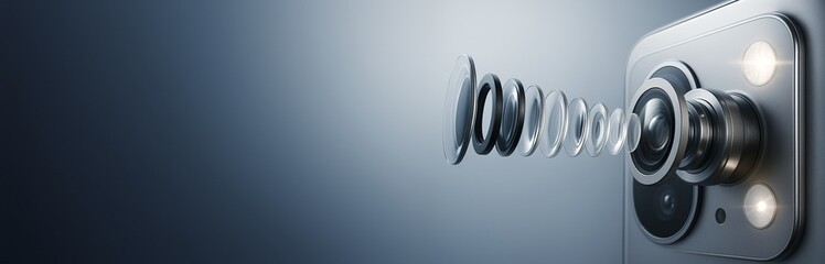 Close-up view of a smartphone camera lens assembly with multiple transparent optical elements shown in exploded view on a clean gradient background. Ai generative.