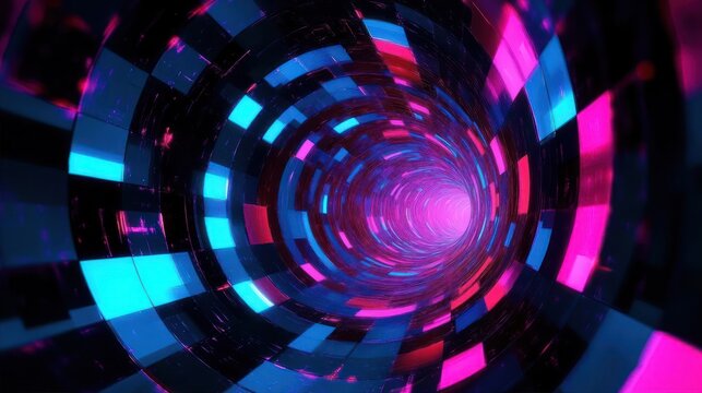 Colorful digital tunnel with glowing blue, pink, and purple rectangular panels forming a futuristic vortex emitting light and depth sensation