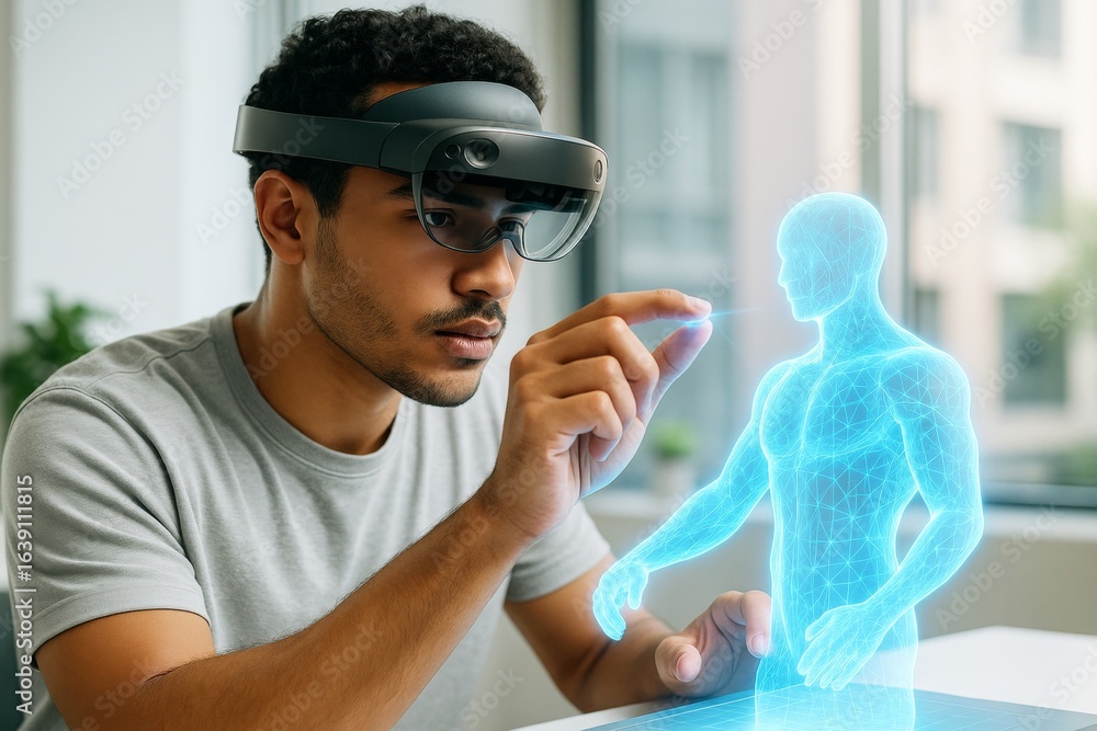 Aufkleber man using augmented reality headset interacting with glowing holographic human model on futuristic i