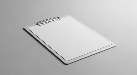 Clipboard with blank white paper on gray background perfect for mockup presentations